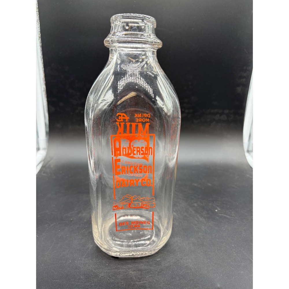 Vintage Anderson Erickson Dairy Co Milk Bottle Des Moines Iowa Orange Pyroglaze